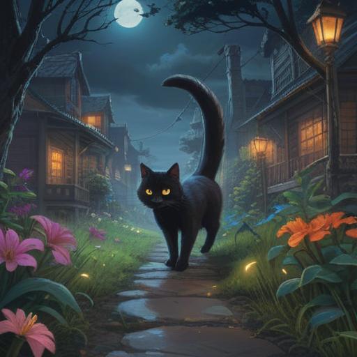 A mystical scene of a black cat crossing a moonlit path, filled with ethereal energy, symbols of protection and intuition in the air, soft glow illuminating the cat's fur, surrounded by a tranquil forest, a sense of caution and awareness, spiritual signs like feathers and crystals scattered around, enchanting atmosphere, 4k