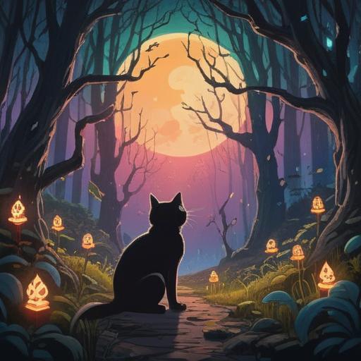 A mystical scene featuring a person encountering a black cat in a moonlit forest, surrounded by glowing magical symbols, a sense of wonder and enchantment, vivid colors, ethereal atmosphere, detailed foliage, the cat with bright, sparkling eyes, a whimsical expression, representing luck and magic, 4k