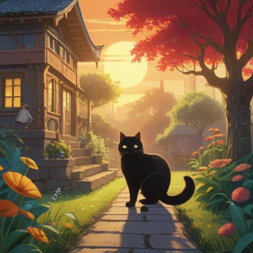 A serene scene of a black cat approaching a person in a sunlit garden, magical atmosphere, gentle energy radiating from the cat, vibrant flowers surrounding, person with a soft smile, intricate details in the fur of the cat, warm light filtering through the leaves, harmony between nature and the cat, emotional connection depicted, 4k