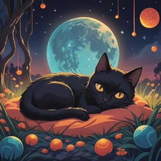 A mystical scene featuring a black cat sleeping under a starry night sky, surrounded by glowing orbs and ethereal light, representing spirituality and dreams, symbolic elements like a crescent moon and ancient runes, serene and calming atmosphere, deep spiritual connection, enchanting landscape, 4k