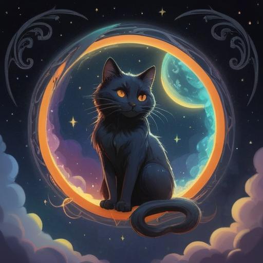 A mystical scene depicting a black cat sitting on a crescent moon, surrounded by shimmering stars and ethereal wisps of light, a soft glow illuminating the cat's eyes, symbolizing intuition and spiritual guidance, lush dreamlike landscape in the background, serene atmosphere, vivid colors, enchanting aura, 4k