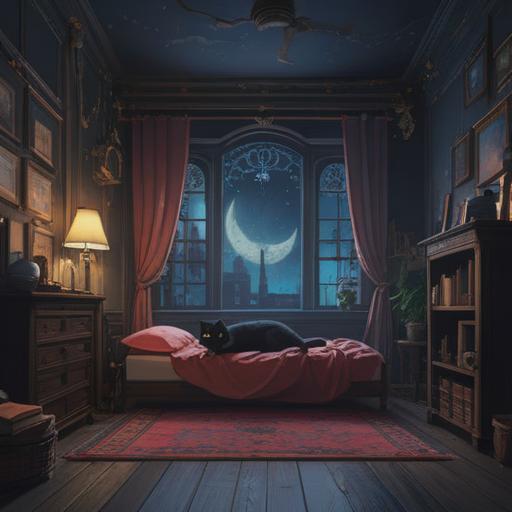 A mysterious black cat lying peacefully in a moonlit room, adorned with mystical symbols floating in the air, soft ethereal glow surrounding the cat, intricate details of the cat's fur, shadows casting an enchanting spell, a window revealing a starry night sky, a sense of tranquility and hidden wisdom, spiritual signs subtly integrated into the background, 4k