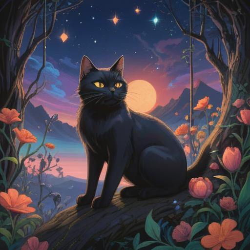 A whimsical scene featuring a black cat dreaming, sparkling stars around its head, a mystical night sky filled with vibrant colors, the cat gently floating on a cloud, lucky symbols like four-leaf clovers and horseshoes surrounding it, a serene and magical atmosphere, enchanting details, charming character design, 4k