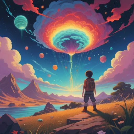 A surreal illustration of a dreamscape, vibrant colors, floating symbols representing action, whimsical clouds and stars, characters interacting with symbols, sense of wonder and exploration, fluid movement, 4k