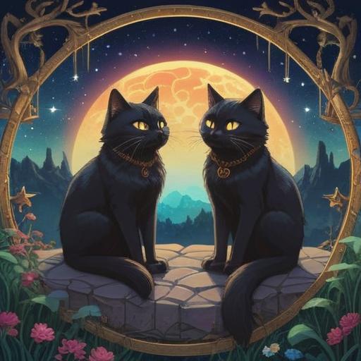 A mystical illustration featuring two black cats sitting together, surrounded by shimmering stars and ethereal light, symbolic of spiritual connection and harmony, intricate patterns in the background, a serene moonlit night, enchanting vibes, capturing the essence of companionship and spirituality, 4k