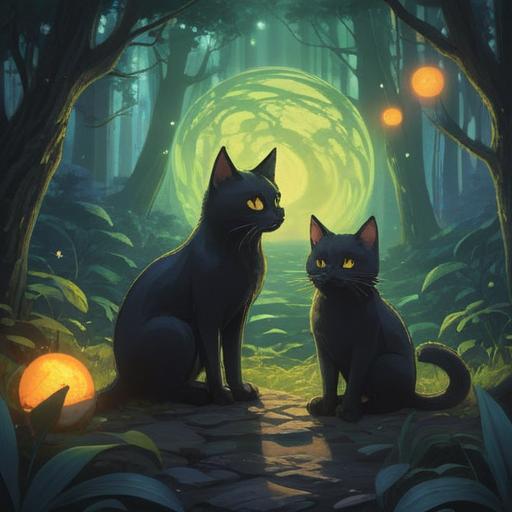 A mystical scene featuring two black cats, surrounded by glowing orbs of light, a serene forest backdrop, enchanting atmosphere, symbolic gestures of the cats, intricate details of their fur and eyes, hints of spirituality, soft light filtering through the trees, a calming presence, 4k