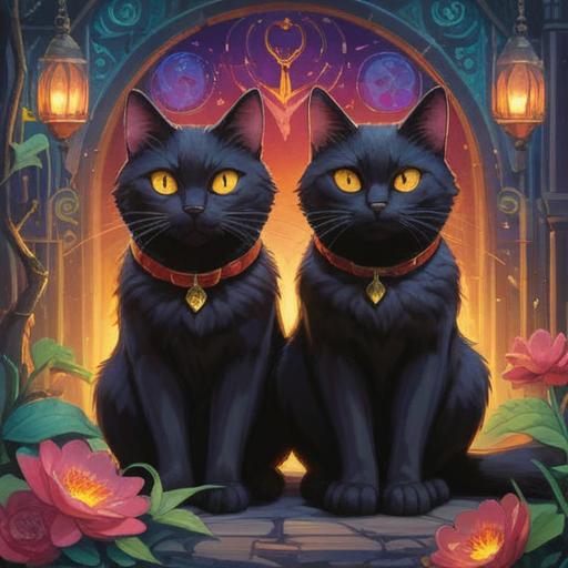 Two black cats sitting together, gazing intently towards the viewer, mystical aura surrounding them, symbols of protection and intuition, soft glowing orbs floating around, a moonlit background with twinkling stars, ethereal atmosphere, enchanting and mysterious, detailed fur texture, intriguing expressions, 4k