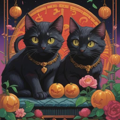 A charming scene featuring two black cats sitting side by side, symbolizing good luck, surrounded by vibrant lucky number motifs, a gentle and enchanting atmosphere, soft illumination, intricate details in the background, playful expressions on the cats' faces, whimsical designs, 4k