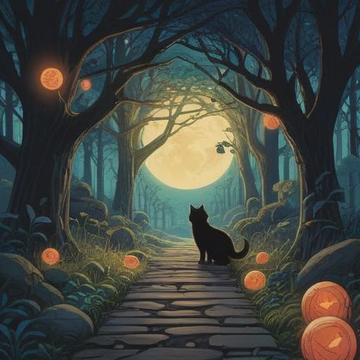 A mystical scene of a black cat crossing a moonlit path, surrounded by ancient trees, glowing orbs of light, symbols of intuition and protection, a serene atmosphere, deep contrast between light and shadow, enchanting aura, 4k