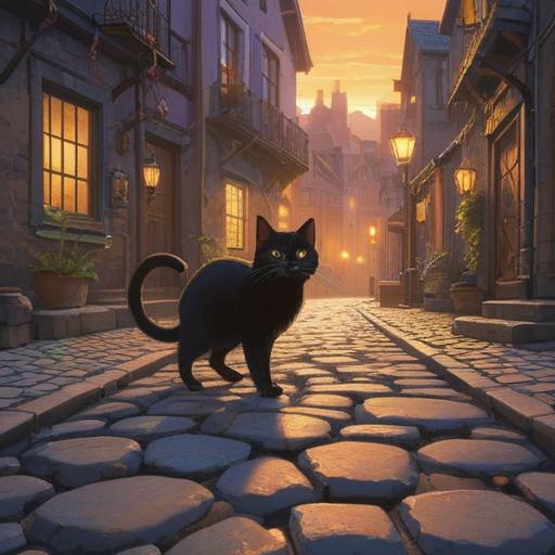 A whimsical scene of a black cat crossing a cobblestone path, a person discovering a shiny lucky charm nearby, gentle sunlight filtering through the trees, enchanting atmosphere, vivid colors, intricate details of the lucky charm, surprised expression on the person's face, magical realism, 4k