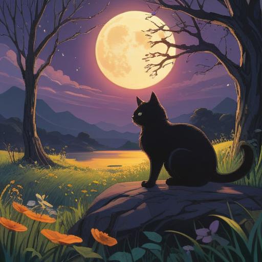 A serene scene depicting the moment of encounter with a black cat, soft moonlight illuminating the surroundings, a sense of mystery and curiosity, lush greenery in the background, gentle breeze rustling the leaves, the cat gazing with wise, knowing eyes, an ethereal glow around it, symbolizing deeper messages, emotional connection, tranquil atmosphere, 4k