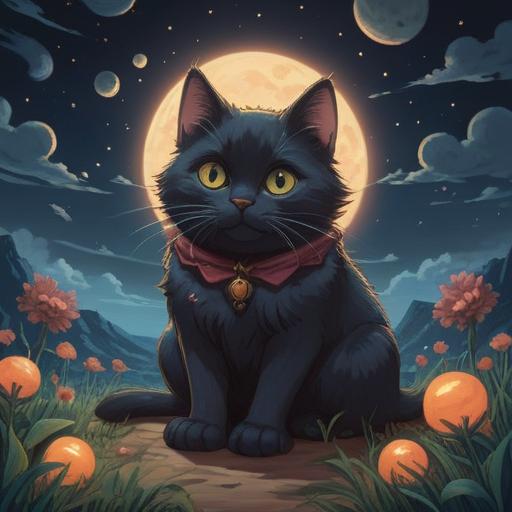 A mystical scene depicting a black cat and a kitten under a moonlit sky, surrounded by glowing orbs of light, symbolic representations of spirituality, soft ethereal aura, vibrant starry backdrop, gentle expressions on their faces, intertwining tails, delicate floral elements around them, serene and magical atmosphere, 4k