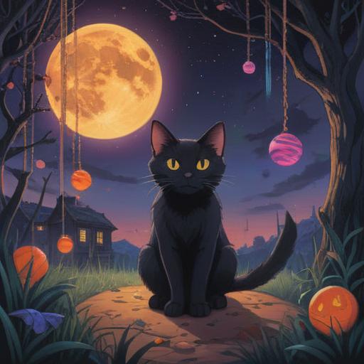 A black cat and a kitten sitting together under a full moon, surrounded by glowing orbs of light, mystical symbols in the air, a serene forest background, soft rays of moonlight casting gentle shadows, a sense of calm and magic, harmonious atmosphere, spiritual energy, 4k