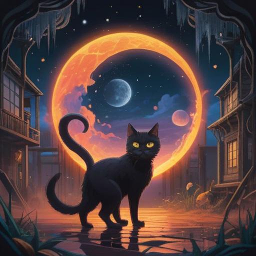 A mysterious scene featuring a black cat emerging from the shadows, surrounded by ethereal light, symbolic elements like moons and stars, a sense of caution and curiosity, soft mystical atmosphere, rich details in the background, capturing the essence of spiritual signs, vibrant colors that evoke a sense of wonder, 4k
