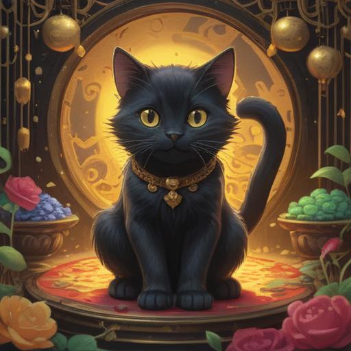 A charming scene of a black cat and a playful kitten, surrounded by sparkling golden energy, depicting themes of good luck and fortune, lush green garden, warm sunlight filtering through the leaves, serene and inviting atmosphere, detailed fur texture, enchanting expressions, high resolution