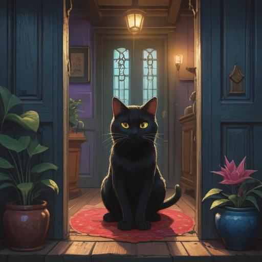 A spiritual representation of a black cat sitting at the entrance of a home, symbolizing protection and intuition, mystical ambiance, soft moonlight illuminating the scene, subtle ethereal glow around the cat, intricate details of the doorway, warm and inviting atmosphere, deep connection to the unknown, serene and mystical mood, 4k