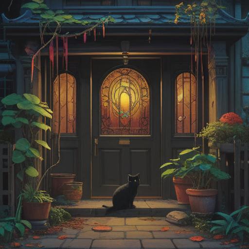 A mystical scene of a black cat appearing at a front door, infused with spiritual symbolism, a serene atmosphere, warm light illuminating the entrance, subtle aura around the cat, hints of good fortune and protection, lush greenery in the background, inviting landscape, thoughtful expression on the cat's face, 4k