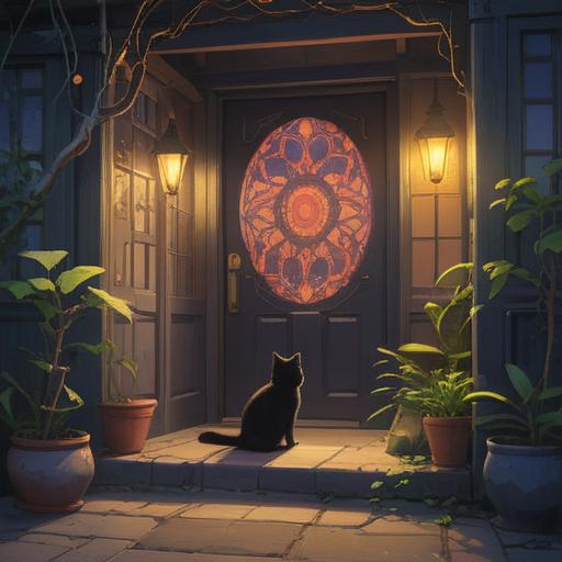 A spiritual illustration of an entrance with a black cat sitting calmly, a mystical aura surrounding the scene, subtle light illuminating the doorstep, symbols of protection and intuition in the background, an ethereal quality, serene atmosphere, inviting yet mysterious vibe, 4k