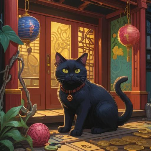 A black cat appearing at the entrance, symbolizing good fortune, surrounded by various lucky charms, traditional Japanese amulets, a serene home environment, bright and welcoming porch decor, soft sunlight filtering through leaves, detailed textures in objects, emphasizing luck and positivity, 4k