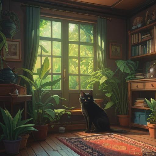 A mysterious black cat entering a cozy, warm living room, sunlight streaming through the window, lush green plants surrounding, a person sitting on a sofa with a surprised expression, lucky charms scattered around, inviting atmosphere, detailed furnishings, vibrant colors, 4k