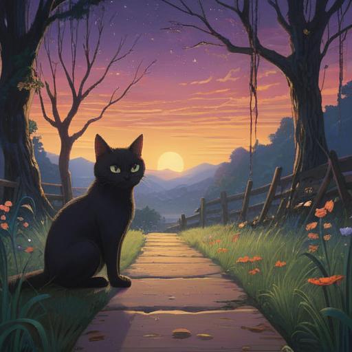 A black cat crossing from left to right, symbolizing spiritual transitions, serene atmosphere, twilight backdrop, mystic glow, intricate details in the surroundings, lush greenery and soft shadows, an air of mystery and enchantment, 4k