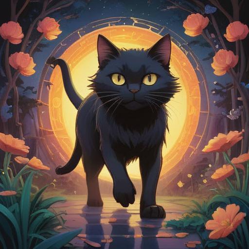A spiritual symbol of good fortune, a black cat gracefully crossing from left to right, ethereal light surrounding it, symbolic nature elements in the background, tranquil setting, positive energy radiating, harmonious atmosphere, mystical aura, attention to detail in fur texture, serene expression, enchanting visual narrative, 4k