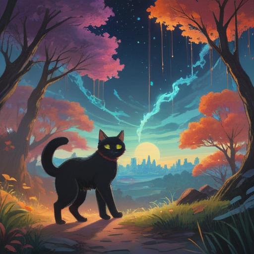 A black cat crossing from left to right, mystical aura, spiritual symbols in the air, subtle glowing effects, nature setting with trees and moonlight, a sense of caution and intuition, ethereal atmosphere, detailed fur texture, enchanting night sky, 4k