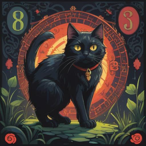 A black cat crossing from left to right, symbolizing good luck, with a clear emphasis on the numbers that represent a lucky number, vibrant street scene as a backdrop, a sense of mystery and fortune in the air, detailed textures and colors, whimsical atmosphere, 4k