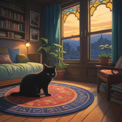 A black cat curling up in a cozy living room, warm sunlight streaming through the window, a serene and mystical atmosphere, symbols of good luck subtly integrated into the scene, the cat's eyes sparkling with a hint of magic, soft shadows and comforting colors, enchanting vibe, 4k