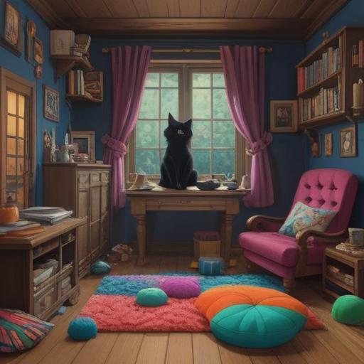 A heartwarming scene of a person sitting with a black cat, cozy home environment, colorful toys scattered around, a handmade cat bed next to them, warm sunlight streaming through the window, gentle expressions on both faces, moments of playfulness and affection, 4k