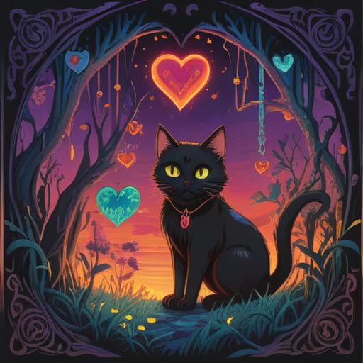 A mystical scene depicting a black cat intertwined with symbols of love and spirituality, the cat gazing at a glowing heart, surrounded by soft ethereal lights and celestial motifs, a moonlit night sky, gentle whispers of wind, an aura of enchantment, warm and inviting atmosphere, the connection between the cat and a human figure, 4k