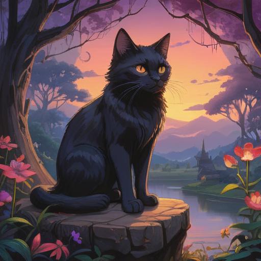 A black cat symbolizing spiritual good signs in love, enchanting atmosphere, magical twilight setting, mystical symbols surrounding the cat, soft glowing aura, lovers in the background observing, serene expressions, warm color palette, detailed fur texture, whimsical charm, 4k