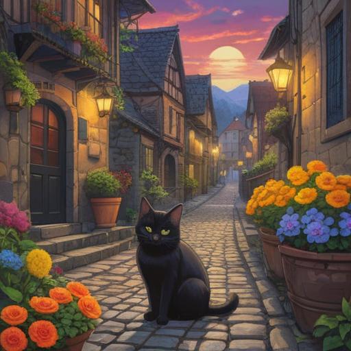 A charming and whimsical scene of a black cat crossing a quaint cobblestone street, vibrant flowers in bloom along the path, a couple sharing a joyful moment nearby, sunlight filtering through the trees, symbols of good luck like four-leaf clovers and horseshoes subtly integrated, enchanting atmosphere, warm and inviting colors, 4k