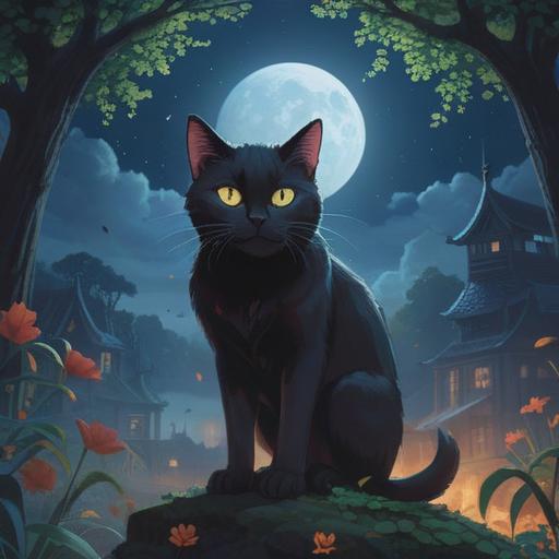 A mystical night scene featuring a black cat, illuminated by the moonlight, surrounded by ethereal mist, twinkling stars in the background, symbolic elements reflecting spirituality and mystery, deep shadows adding depth, enchanting atmosphere, serene yet enigmatic, 4k