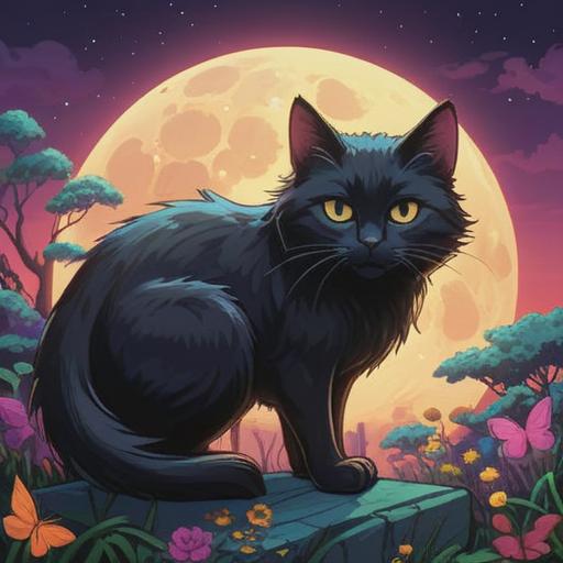 A mystical nighttime scene featuring a black cat, moonlight illuminating its fur, surrounded by glowing orbs, symbolic of spiritual guidance, lush greenery in the background, serene atmosphere, enchanting details, capturing a sense of mystery and positive energy, 4k