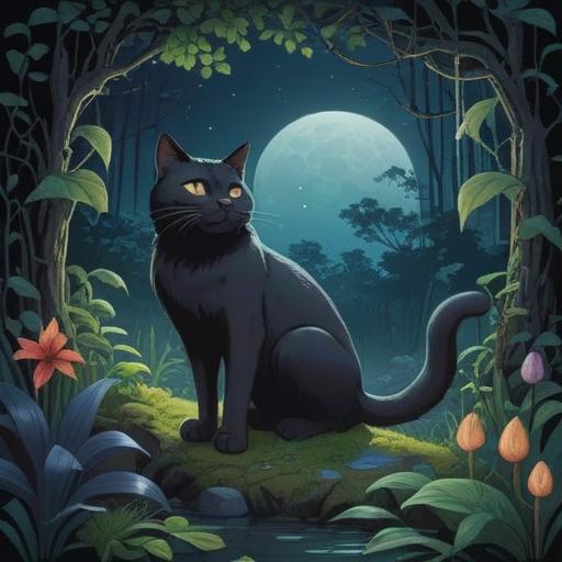 A spiritual nighttime scene featuring a black cat as a lucky charm, moonlight illuminating the surroundings, mystical symbols in the air, ethereal plants swaying gently, a starry sky filled with shimmering constellations, soft glowing orbs of light, serene and enchanting atmosphere, detailed textures in the environment, 4k