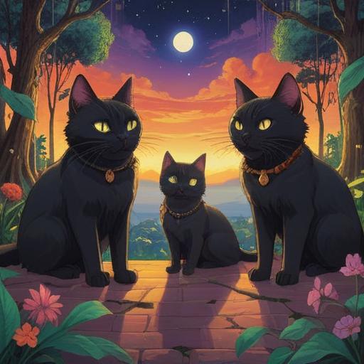 A mystical scene featuring three black cats, each representing a different spiritual meaning, surrounded by ethereal light, ancient symbols in the background, a full moon illuminating their fur, a serene forest setting, wisps of fog adding a mysterious atmosphere, enchanting and whimsical vibe, 4k