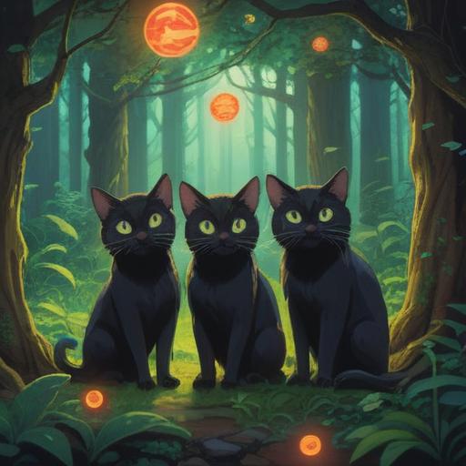 Three black cats standing in a mystical forest, symbolizing spiritual guidance and good omens, surrounded by glowing orbs of light, intricate patterns in the foliage, a serene atmosphere, symbolizing intuition and connection to the spiritual world, enchanting twilight backdrop, 4k