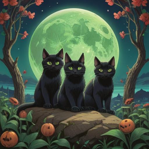 A mystical scene featuring three black cats gathered under a full moon, each cat with shining green eyes symbolizing intuition, surrounded by glowing orbs representing spiritual energy, an ethereal forest backdrop, shimmering stars in the night sky, a sense of mystery and magic, 4k