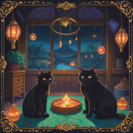 Three black cats surrounded by various lucky charms, intricate details of each charm, mystical atmosphere, enchanting setting, moonlit night, soft glowing lights, whimsical elements, playful cat poses, rich colors, magical realism, 4k