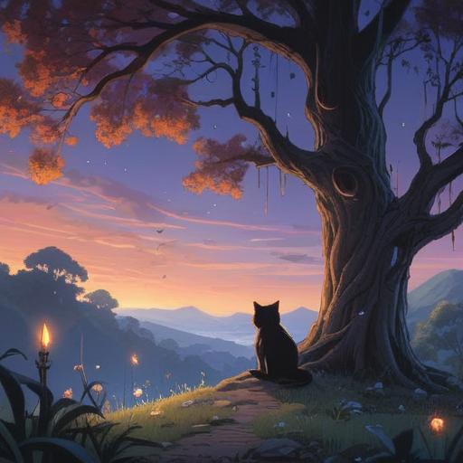 A mystical scene depicting a person sitting under a large tree at twilight, a black cat sitting nearby, glowing symbols floating in the air, the person attentively listening, an air of magic and mystery, serene nature setting, soft lighting, inviting atmosphere, 4k