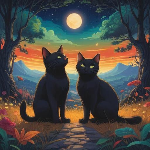 A mystical scene featuring two black cats, symbolizing spiritual meaning, one cat gazing intently into the distance, the other playfully interacting with ethereal glowing butterflies, surrounded by a serene moonlit garden, gentle wisps of smoke suggesting magic, soft shadows, tranquil atmosphere, deep mystical tones, enchanting background, high resolution