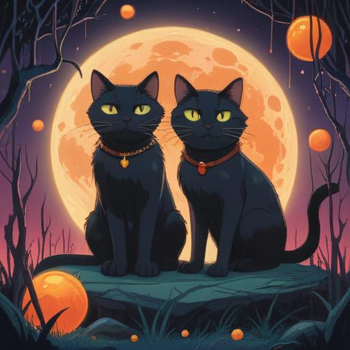 A serene scene featuring two black cats sitting together under a full moon, surrounded by glowing orbs of light, mystical symbols in the air, a tranquil forest setting, starry night sky, an aura of spirituality and positive energy, whimsical elements, enchanting atmosphere, 4k