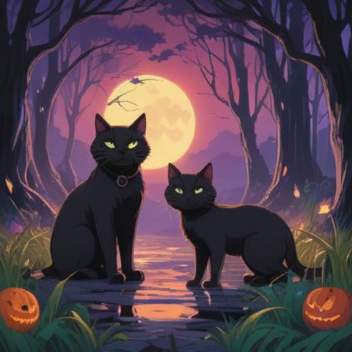 Two black cats appearing together, significant spiritual signs, mystical atmosphere, folklore symbolism, a sense of awareness and caution, contrasting shadows and light, magical realism, nature surroundings, enchanting details, 4k