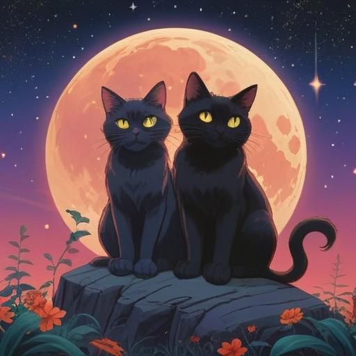 Two black cats sitting together under a full moon, a feeling of serendipity in the air, shimmering stars surrounding them, a glowing number 7 appearing in the sky, mystical aura, enchanting night scene, playful interaction between the cats, 4k