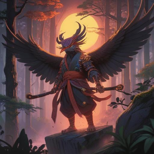 A mystical black tengu, representing spiritual significance, surrounded by ancient Japanese forest, ethereal glow, symbolic elements of protection and wisdom, intricate details on the tengu's attire, traditional wooden mask, serene yet powerful aura, harmonious blend with nature, 4k