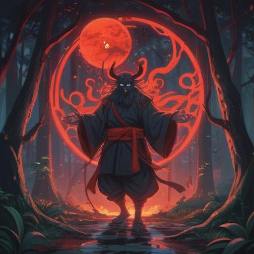 A majestic black tengu in a serene forest, radiating spiritual energy, surrounded by glowing orbs of light, ancient trees with lush green leaves, soft rays of sunlight filtering through the branches, a peaceful atmosphere, intricate details in the tengu's feathers and attire, 4k