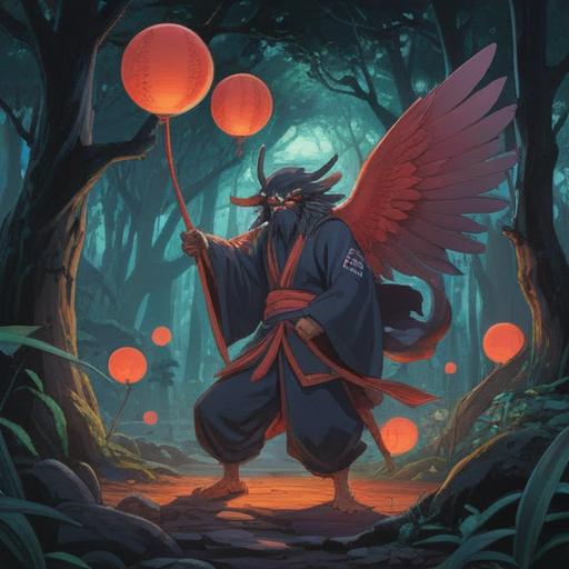 A mystical encounter with a black tengu, spiritual symbols around, ethereal aura, serene forest setting, glowing orbs of light, a sense of caution, deep connection to nature, intricate details in foliage, harmonious colors, atmospheric depth, 4k