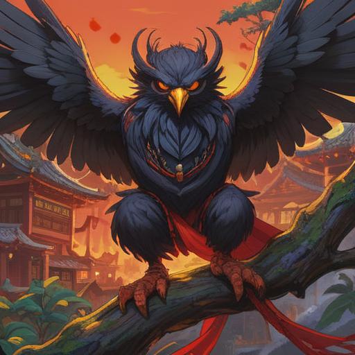 A black tengu charm design, intricate details, traditional Japanese elements, rich colors, mystical atmosphere, symbolic meaning of good fortune, nature-inspired motifs, serene setting, 4k