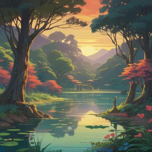 A serene landscape depicting spiritual growth, ethereal light illuminating a path, symbolic imagery of divine inspiration, lush greenery surrounding a tranquil lake, soft clouds drifting in a bright sky, meditative figure in contemplation, harmonious balance of nature, uplifting and peaceful ambiance, 4k